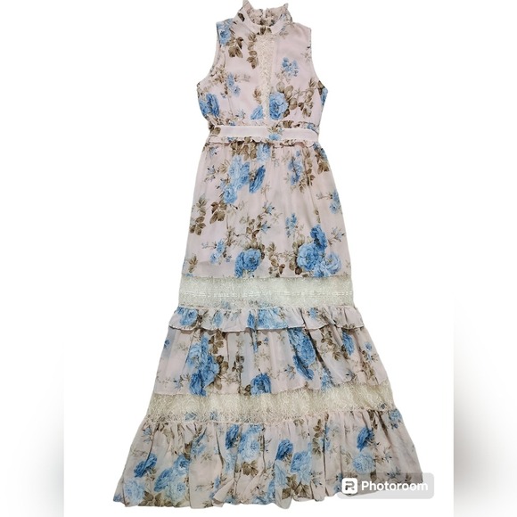 The Vintage Shop Floral Tiered Maxi Dress High Neck Ruffle Lace Detail Size S - Picture 3 of 16